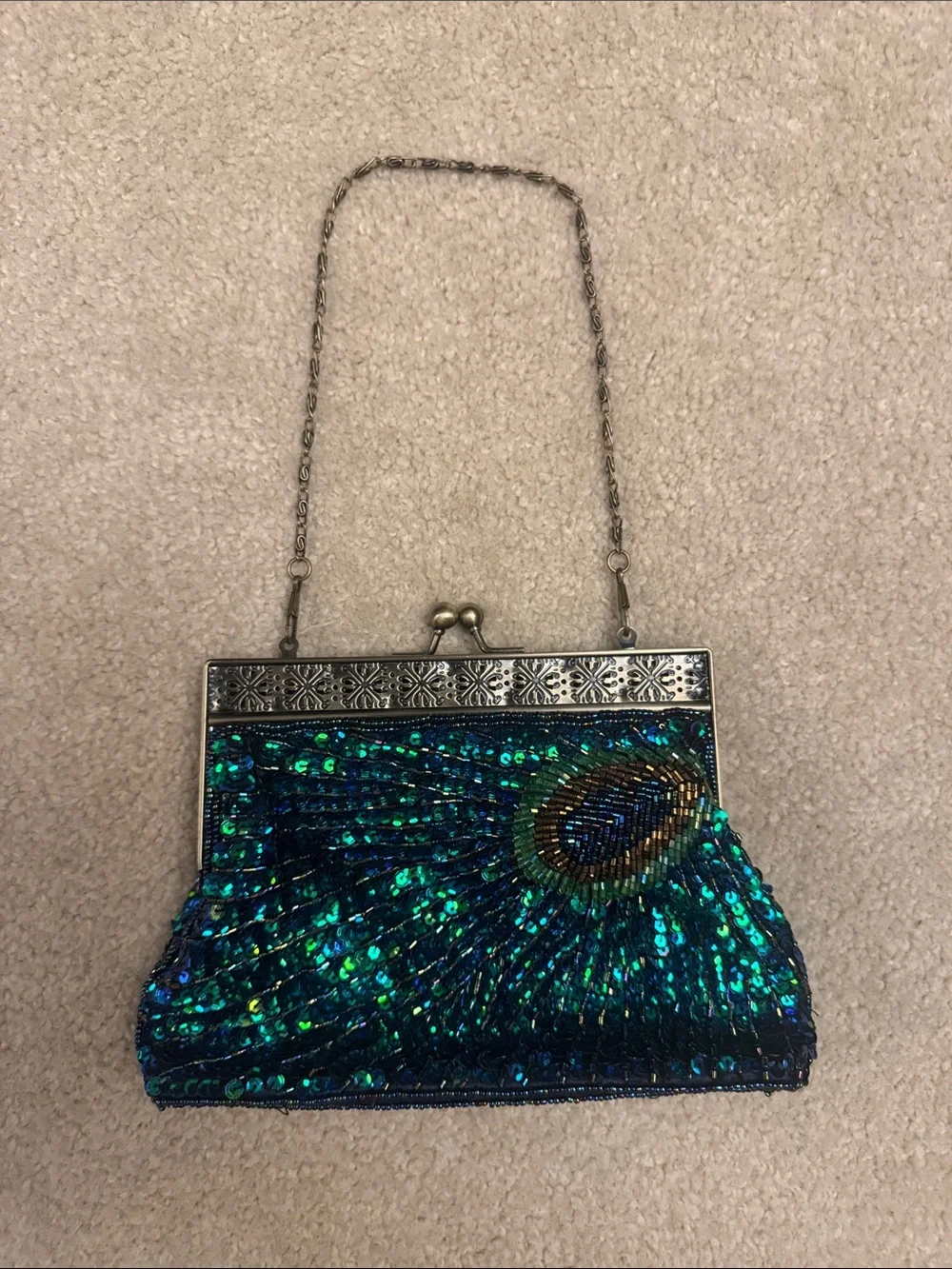 Beaded Peacock Sequin Evening Clutch - Teal